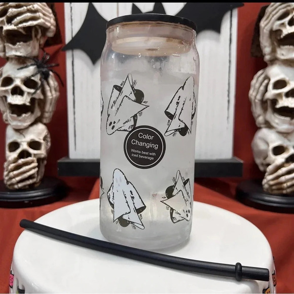 HTF Cold Color Changing Halloween Glass White Ghost Tumblers With Straw x2 - Picture 8 of 12